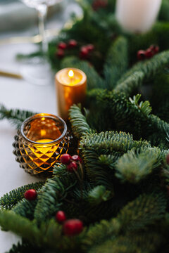 Christmas candle fir twig celebrate interior decoration