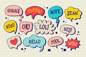 Cartoon cute speech bubble doodles. Hand drawn set of dialog windows with phrases