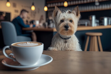 Dog in a coffee shop with latte. Generative AI