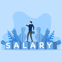 concept of office salary or bank deposit employee working businessman, office man walking on word cube block building Salary on blue yellow background, Salary man.