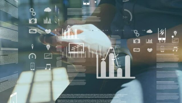 Animation of screens with data processing against mid section of man using smartphone