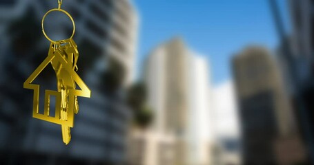 Animation of golden key and house over cityscape - Powered by Adobe