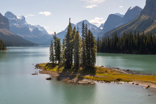View of Rocky Mountains and the Maligne Lake in Jasper NP, Canada