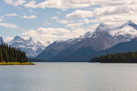 View of Rocky Mountains and the Maligne Lake in Jasper NP, Canada