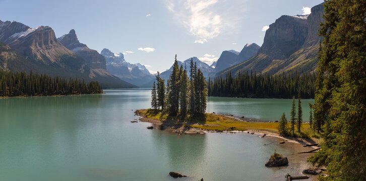 View of Rocky Mountains and the Maligne Lake in Jasper NP, Canada