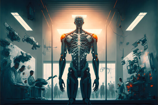 Cyborg Man Standing In Lab With Humans Created Using AI Generative Technology