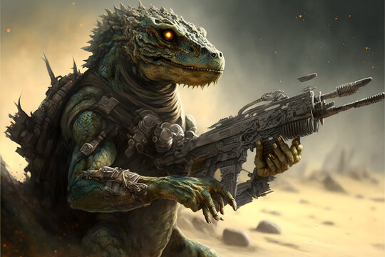 sci-fi lizardman holding weapons in war created using AI Generative Technology