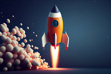3d rendering flying rocket on dark blue background with copy space for text or message