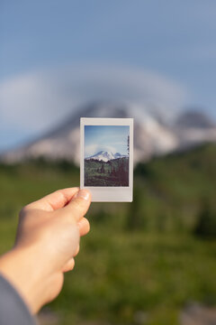 Hand of Person Holding Polaroid Photograph of Mount Rainier landscape