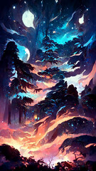 forest in the night starry sky illustration Generative AI Content by Midjourney