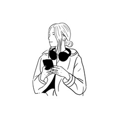 illustration of a woman playing a smartphone while listening to music