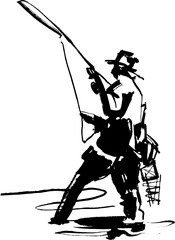 fisherman with a fishing rod and trout fish on the hook