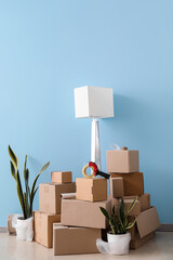 Moving cardboard boxes with houseplants and lamp near blue wall