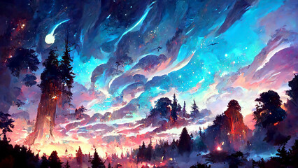 Fototapeta na wymiar forest adventures in the night sky illustration Generative AI Content by Midjourney