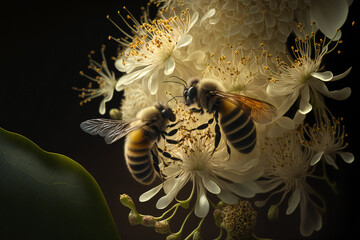 The delicate balance of nature is on full display as honey bees and linden flowers coexist in a symbiotic relationship, with the bees pollinating the flowers and collecting nectar for their hive