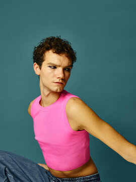 Man with bright magenta top
