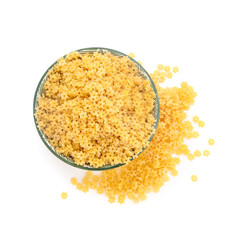Bowl of raw stelline pasta on white background
