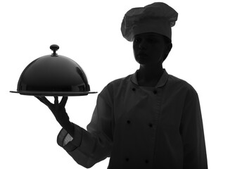Silhouette of female chef with cloche on white background