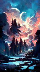 Fototapeta na wymiar forest in the night sky illustration Generative AI Content by Midjourney