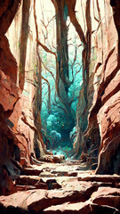 Forest scene inside the cave illustration Generative AI Content by Midjourney