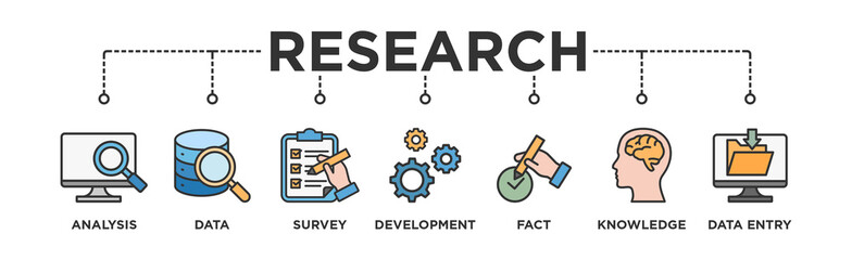 Research banner web icon vector illustration concept with icon of analysis, data, survey, development, fact, knowledge and data entry