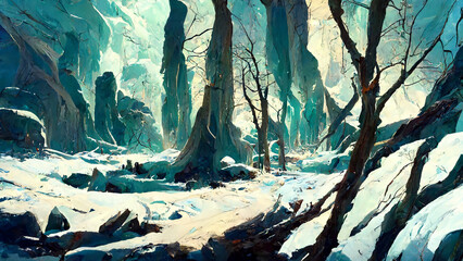 Forest scene in frozen cave illustration Generative AI Content by Midjourney