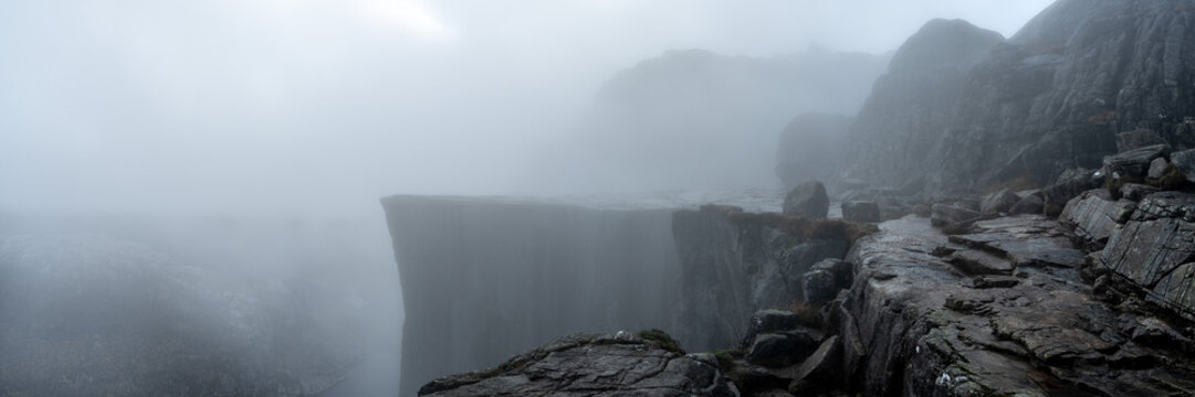 Preikestolen Pulpit rock mist Lysefjorden Rogaland Norway black 