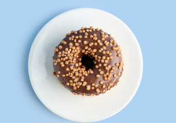 Plate with tasty chocolate donuts on color background