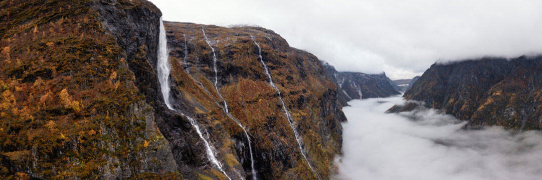 Naeroyfjord Waterfall autumn Aerial Aurland Vestland Norway