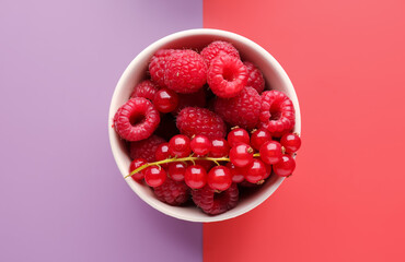 Bowl of fresh berries on color background