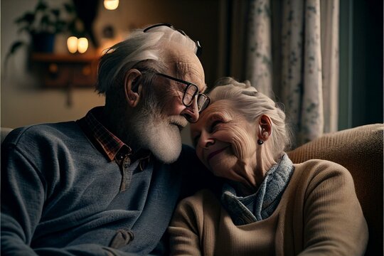 Love, Smile And Relax With Old Couple On Sofa For Affectionate, Bonding And Happiness. Retirement, Trust And Marriage With Man And Woman In Living Room Of Home For Support. Generative AI