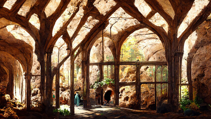 Medieval style and features forest cave illustration Generative AI Content by Midjourney