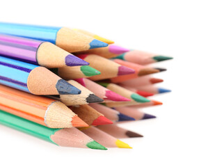 Set of colorful pencils on white background, closeup