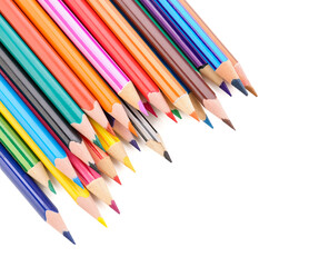 Set of colorful pencils on white background, top view