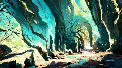The scene inside the cave the exit is a forest and sky illustration Generative AI Content by Midjourney