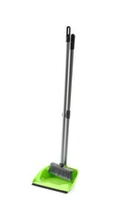 Cleaning broom with green dustpan on white background