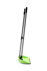 Cleaning broom with green dustpan on white background