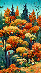 Naklejka na ściany i meble autumn forest in the sunny morning illustration Generative AI Content by Midjourney