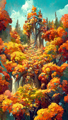 autumn forest in the sunny morning illustration Generative AI Content by Midjourney