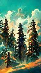 Competition of pine trees To sunlight necessary to sustain illustration Generative AI Content by Midjourney
