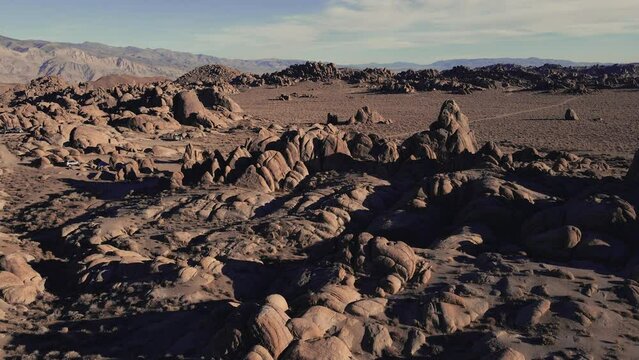 Alabama Hills California aerial drone footage of dystopia concept landscape near Lone Pine and Bishop.. 