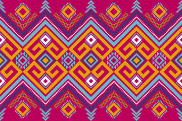 Ethnic Local Fabric Pattern Geometric Shapes, Bright Colors, Magenta Background, Contrasting With purple, Yellow, White,Light blue, Can be Used to Cut Textile Fashion Design Clothes, Bed Sheets