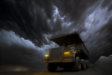 Industrial dark truck in a coal mine. Mineral resources for transportation, creepy black sky.