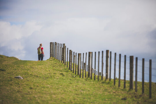 Woman Hiking Through Field At Mount Maunganui, Bay Of Plenty, New Zealand