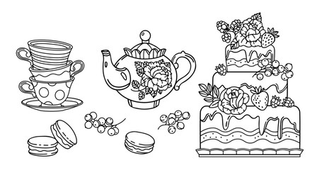Tea party. Line vector food illustration. Coloring page. 