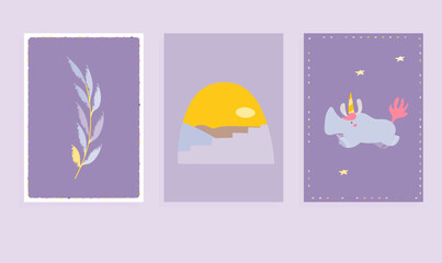 cards with unicorn rhino, boho landscape, branch, vector set