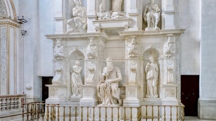 The 16th century Moses statue, sculpted in marble by Michelangelo, in the church of San Pietro in Vincoli, Rome, Italy.