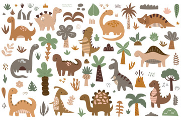 Set of cute dinosaurs and tropical plants. Vector illustration isolated on white background for your design