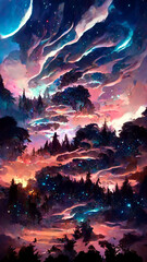 Naklejka na ściany i meble forest in the night sky state illustration Generative AI Content by Midjourney