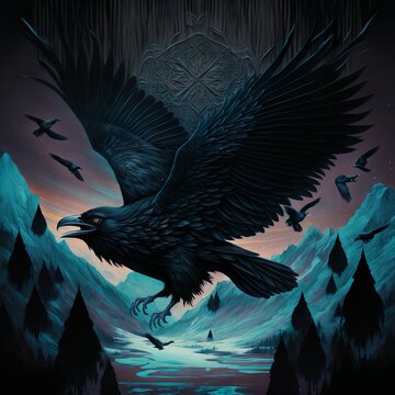 Cuervo negro volando sovre las montañas con runa nordica detras
